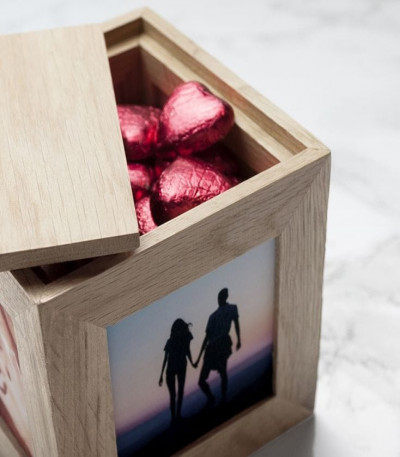 Engraved Couple's Names Oak Photo Cube