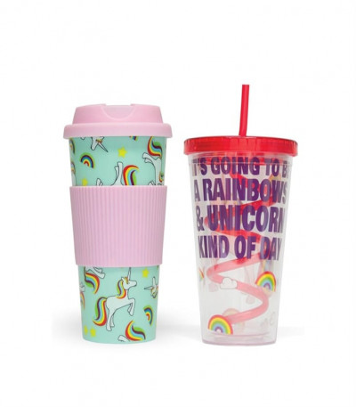 Unicorn Travel Mug and Cup with Straw Combo