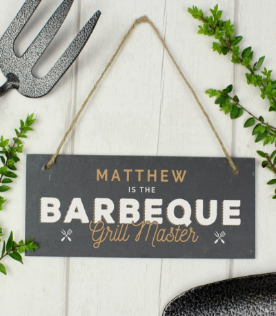 Personalised Barbeque Grill Master Hanging Slate Garden Sign