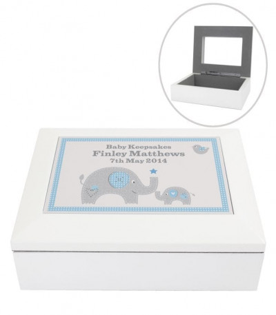 Blue Baby Elephant White Wooden Keepsake Box