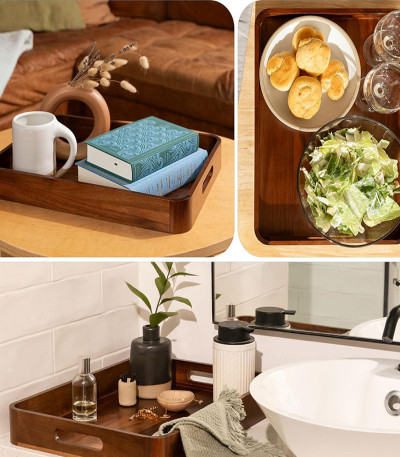 Acacia Wooden Serving Tray with Handles