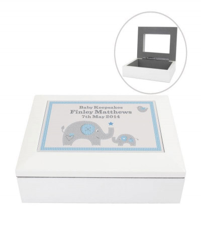 Blue Baby Elephant White Wooden Keepsake Box