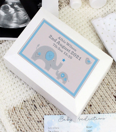 Blue Baby Elephant White Wooden Keepsake Box