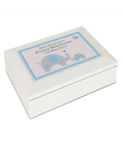 Blue Baby Elephant White Wooden Keepsake Box