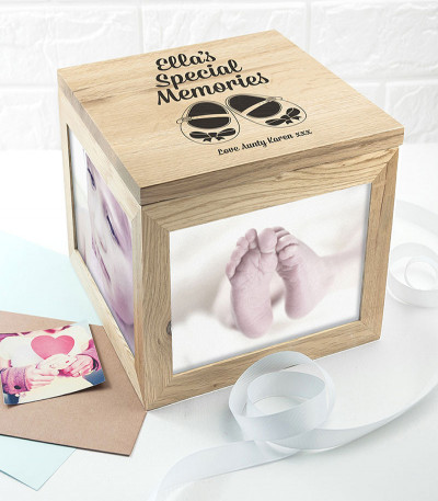 Baby Girl Shoes Oak Photo Keepsake Box